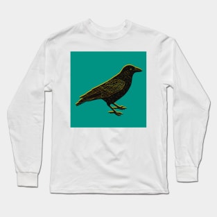 Crow block print black yellow green Long Sleeve T-Shirt